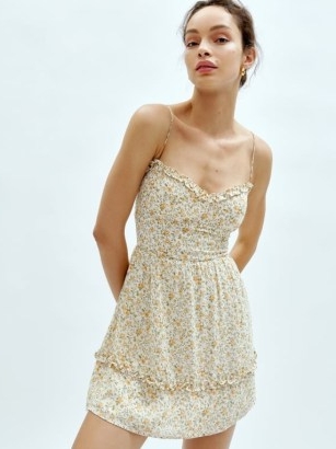 Reformation Marin Dress in Lima / spaghetti shoulder strap mini dresses / ruffled sweetheart neckline / floral print fashion