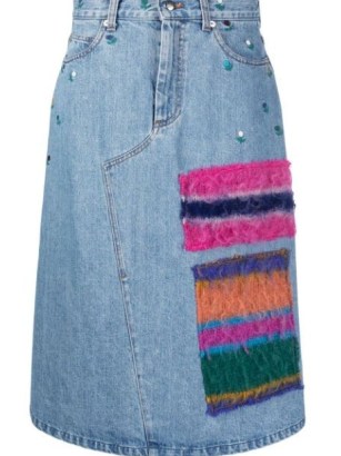 Marni embelllished denim skirt | women’s designer skirts | A-line style | mohair panel | floral embroidery | FARFETCH