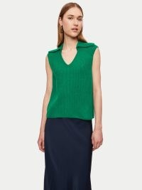 JIGSAW Merino Cashmere V Neck Collar Tank in Green ~ women’s knitted collared tanks ~ womens sleeveless sweater vests