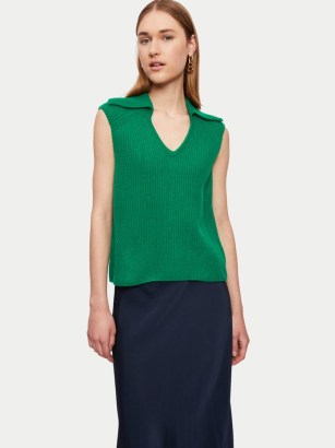JIGSAW Merino Cashmere V Neck Collar Tank in Green ~ women’s knitted collared tanks ~ womens sleeveless sweater vests - flipped