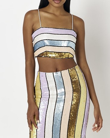 RIVER ISLAND METAL SEQUIN STRIPE CAMI TOP – cropped sequinned camisole – cropped spaghetti strap camisoles – shimmering evening tops – strappy going out clothes - flipped