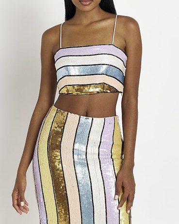 RIVER ISLAND METAL SEQUIN STRIPE CAMI TOP – cropped sequinned camisole – cropped spaghetti strap camisoles – shimmering evening tops – strappy going out clothes