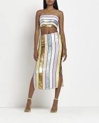 RIVER ISLAND METAL SEQUIN STRIPE MIDI SKIRT – women’s split hem sequinned evening skirts – glamorous going out fashion – shimmering party clothes