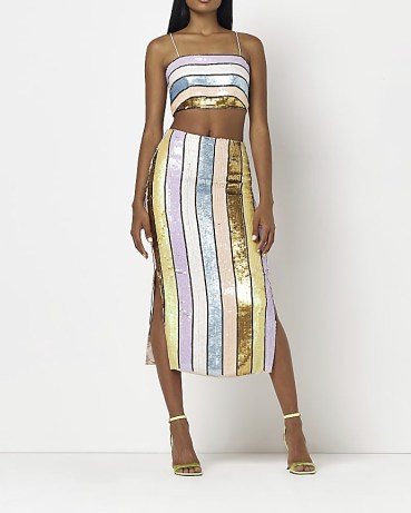 RIVER ISLAND METAL SEQUIN STRIPE MIDI SKIRT – women’s split hem sequinned evening skirts – glamorous going out fashion – shimmering party clothes - flipped