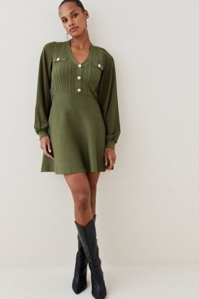 KAREN MILLEN Military Trim Chiffon Sleeve Knitted Mini Dress in Khaki | women’s green long sleeved button detail dresses - flipped