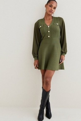 KAREN MILLEN Military Trim Chiffon Sleeve Knitted Mini Dress in Khaki | women’s green long sleeved button detail dresses