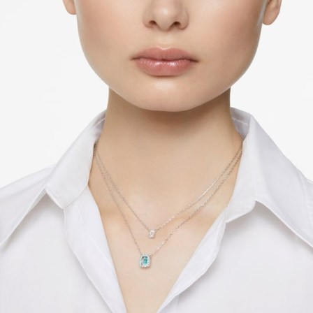 SWAROVSKI Millenia layered necklace Octagon cut, Rhodium plated ~ double crystal pendant necklaces ~ blue and clear crystals - flipped
