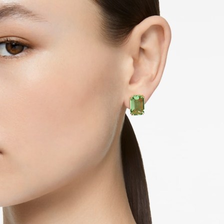 SWAROVSKI Millenia stud earrings Octagon cut, Green, Gold-tone plated ~ coloured crystal studs - flipped