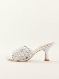 Reformation Mirage Rhinestone Heel Silver Metallic – glamorous square toe mesh strap mules – occasion heels – luxe mule sandals – party glamour – evening shoes embellished with rhinestones