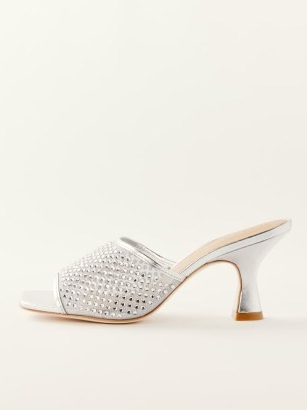 Reformation Mirage Rhinestone Heel Silver Metallic – glamorous square toe mesh strap mules – occasion heels – luxe mule sandals – party glamour – evening shoes embellished with rhinestones