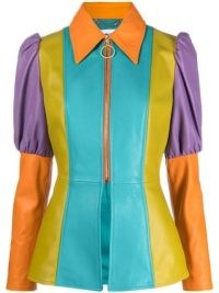 Moschino colour-block leather peplum top / women’s multicoloured puff sleeve colourblock tops / womens retro designer clothes / farfetch