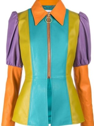 Moschino colour-block leather peplum top / women’s multicoloured puff sleeve colourblock tops / womens retro designer clothes / farfetch - flipped