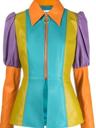 Moschino colour-block leather peplum top / women’s multicoloured puff sleeve colourblock tops / womens retro designer clothes / farfetch
