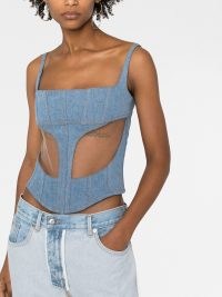 Mugler boned-bodice sleeveless top in blue | denim sheer panel tops | women’s designer fashion | FARFETCH