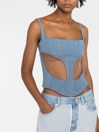 Mugler boned-bodice sleeveless top in blue | denim sheer panel tops | women’s designer fashion | FARFETCH - flipped