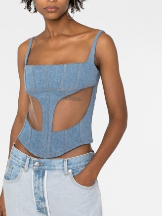 Mugler boned-bodice sleeveless top in blue | denim sheer panel tops | women’s designer fashion | FARFETCH