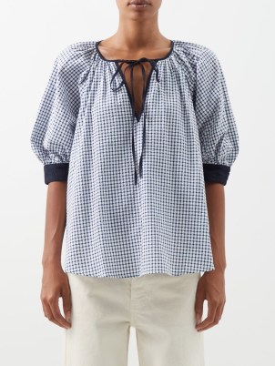 LEE MATHEWS Olive puff-sleeve gingham cotton-poplin blouse in navy / blue and white checked tie neck blouses / MATCHESFASHION