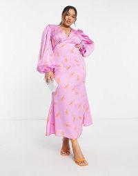 Never Fully Dressed Plus exclusive balloon sleeve maxi dress in orange lobster print ~ lilac plus size evening dresses ~ long sleeved plunge front ~ asos