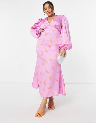 Never Fully Dressed Plus exclusive balloon sleeve maxi dress in orange lobster print ~ lilac plus size evening dresses ~ long sleeved plunge front ~ asos - flipped