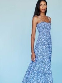 Reformation Nira Dress in Marie / blue ditsy floral spaghetti strap dresses / skinny tie shoulder straps / ruffled tiered hem