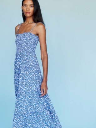 Reformation Nira Dress in Marie / blue ditsy floral spaghetti strap dresses / skinny tie shoulder straps / ruffled tiered hem - flipped