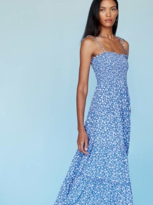 Reformation Nira Dress in Marie / blue ditsy floral spaghetti strap dresses / skinny tie shoulder straps / ruffled tiered hem