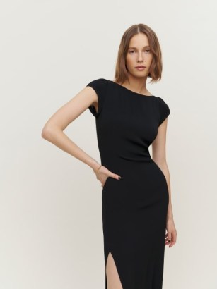 Reformation Odyn Dress Black – evening elegance – chic cap sleeved split hem maxi dresses – elegant occasion fashion - flipped