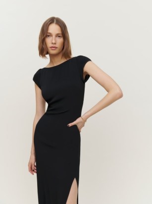 Reformation Odyn Dress Black – evening elegance – chic cap sleeved split hem maxi dresses – elegant occasion fashion