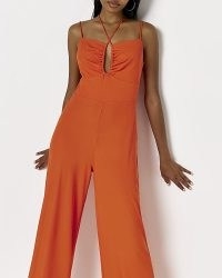 RIVER ISLAND ORANGE CUT OUT JUMPSUIT – spaghetti strap front cutout jumpsuits – on-trend going out evening fashion