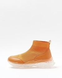 RIVER ISLAND ORANGE KNITTED HIGH TOP TRAINERS | women’s bright slip on rubber sole hi tops