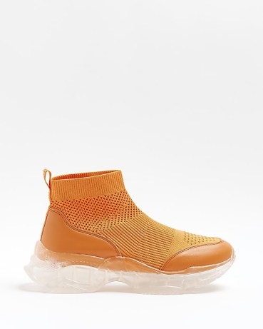 RIVER ISLAND ORANGE KNITTED HIGH TOP TRAINERS | women’s bright slip on rubber sole hi tops - flipped