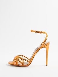 AQUAZZURA Tequila 105 crystal-embellished leather sandals in orange ~ high stiletto heel ocasion shoes with crystals