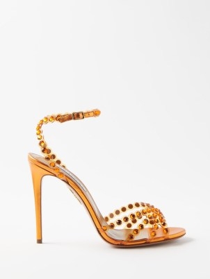 AQUAZZURA Tequila 105 crystal-embellished leather sandals in orange ~ high stiletto heel ocasion shoes with crystals - flipped