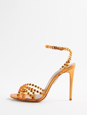 AQUAZZURA Tequila 105 crystal-embellished leather sandals in orange ~ high stiletto heel ocasion shoes with crystals