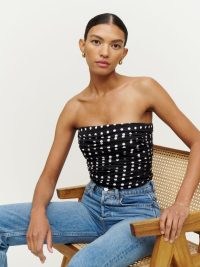 Reformation Orion Top in Bettie / spot print strapless tops / ruched polka dot bandeau