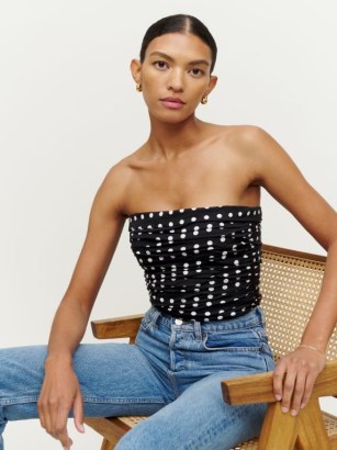 Reformation Orion Top in Bettie / spot print strapless tops / ruched polka dot bandeau