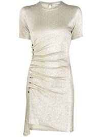 Paco Rabanne asymmetric T-shirt mini dress in gold tone – luxe metallic side ruched dresses – women’s glamorous designer fashion – FARFETCH