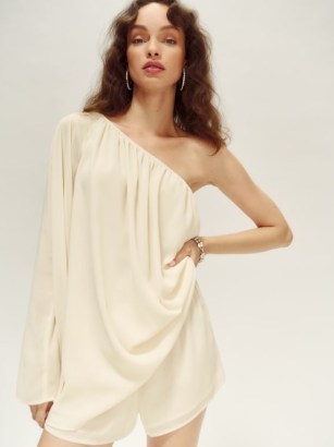Reformation Party Two Piece in Ivory ~ glamorous evening fashion sets ~ luxe going out fashion ~ one shoulder mini dress and shorts co-ord ~ one wide sleeve - flipped