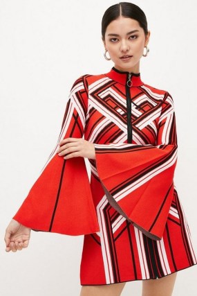 KAREN MILLEN Petite Placement Zip Through Knit Mini Dress in Red – geo print high neck wide sleeve dresses - flipped