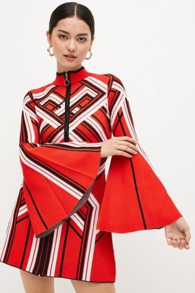 KAREN MILLEN Petite Placement Zip Through Knit Mini Dress in Red – geo print high neck wide sleeve dresses
