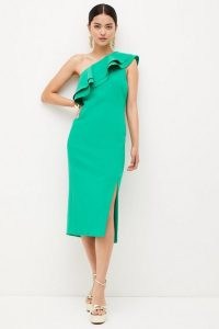 KAREN MILLEN Petite Structured Crepe Ruffle Midi Dress in Green ~ glamorous ruffled one shoulder party dresses ~ occasion glamour ~ asymmetric evening clothes