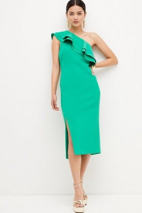 KAREN MILLEN Petite Structured Crepe Ruffle Midi Dress in Green ~ glamorous ruffled one shoulder party dresses ~ occasion glamour ~ asymmetric evening clothes - flipped