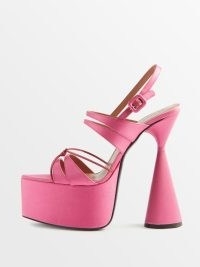 D’ACCORI Belle cone-heel satin platform sandals in pink ~ 70s inspired glamour ~ women’s vintage style occasion shoes ~ 1970s look footwear ~ beautiful chunky retro platforms ~ MATCHESFASHION