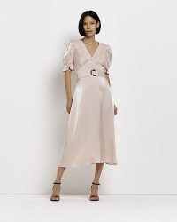 RIVER ISLAND PINK BELTED MIDI DRESS ~ short puffed sleeved vintage style dresses