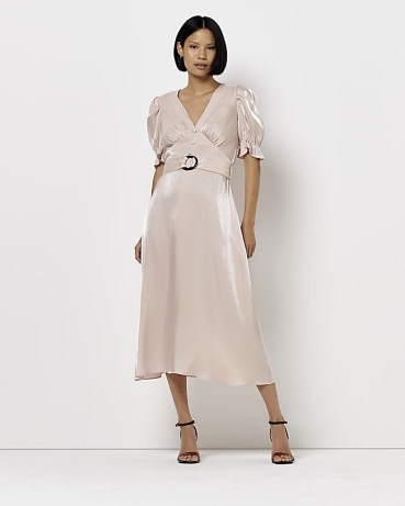 RIVER ISLAND PINK BELTED MIDI DRESS ~ short puffed sleeved vintage style dresses - flipped