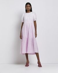 RIVER ISLAND PINK DIP DYE TEXTURED SMOCK MIDI DRESS – short puff sleeved tie back detail ombre dresses