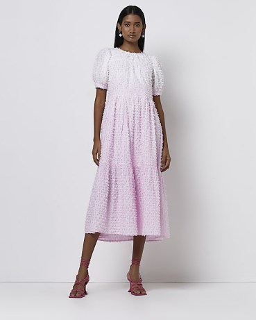 RIVER ISLAND PINK DIP DYE TEXTURED SMOCK MIDI DRESS – short puff sleeved tie back detail ombre dresses - flipped