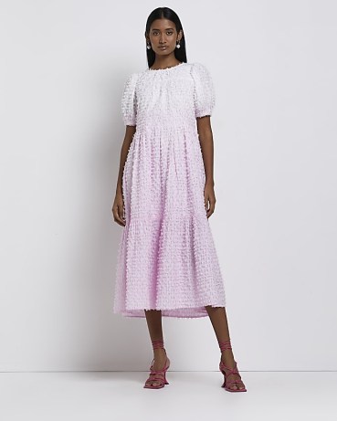 RIVER ISLAND PINK DIP DYE TEXTURED SMOCK MIDI DRESS – short puff sleeved tie back detail ombre dresses