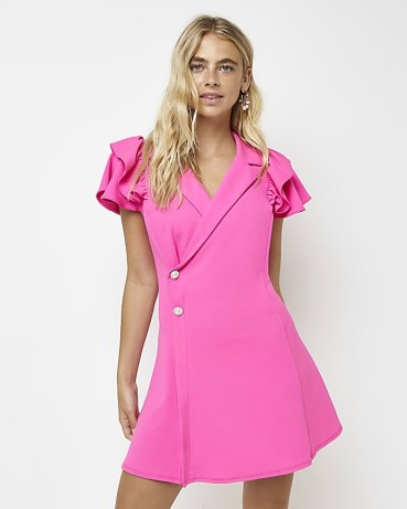 RIVER ISLAND PINK FRILL MINI BLAZER DRESS – wrap style fit and flare dresses – short ruffle sleeves – on-trend going out evening fashion - flipped