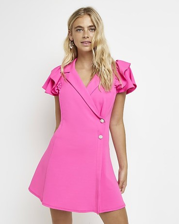 RIVER ISLAND PINK FRILL MINI BLAZER DRESS – wrap style fit and flare dresses – short ruffle sleeves – on-trend going out evening fashion